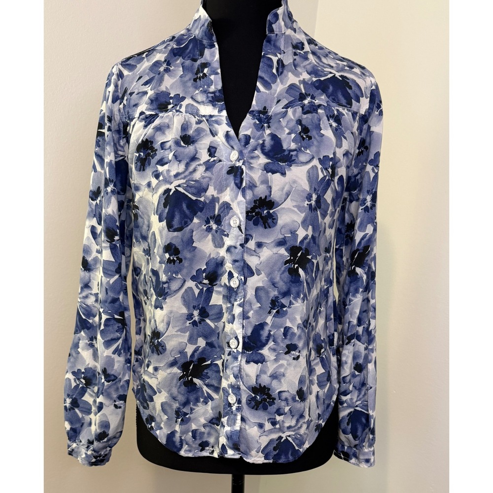 Anthropologie Cloth & Stone Blue Floral Rayon Button Down‎ Blouse XS